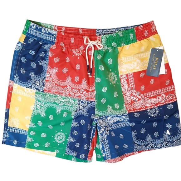 NWT! Polo Ralph Lauren Swim Trunks Mens XL Multicolor Patchwork Preppy Outdoor